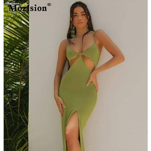 Mozision Sexy Hollow Out Women Dress Summer Beach Style Sleeveless Split Maxi Dresses Ladies Fashion Party Clubwear Vestidos