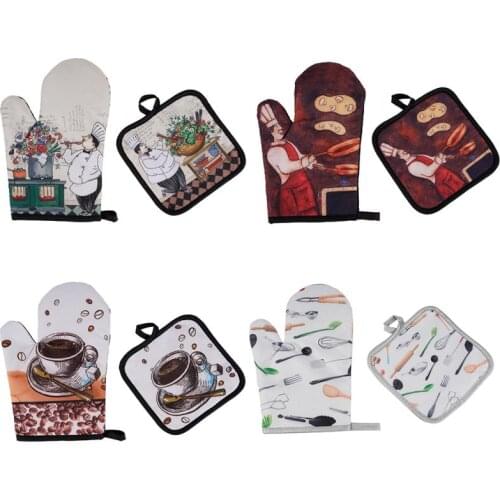 Cartoon Oven Gloves Heat-insulating Pad Two-piece Gloves Anti-scalding Insulated Baking Gloves Non-slip Cute Kitchen Tool