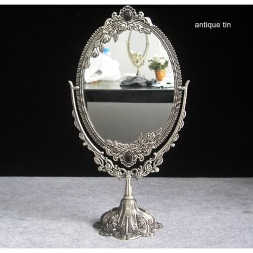 Vintage double face retro tin alloy metal table makeup dresser desktop decorative mirror embossed frame makeup tool desk set330C