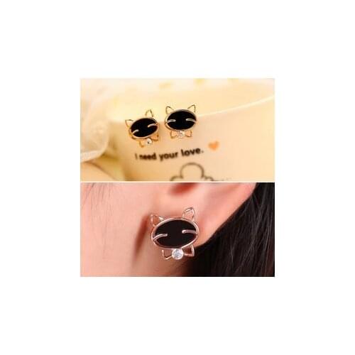Cheap Korean fashion high-grade fine imitation Rhinestones earrings cute black cat smiley woman free shipping