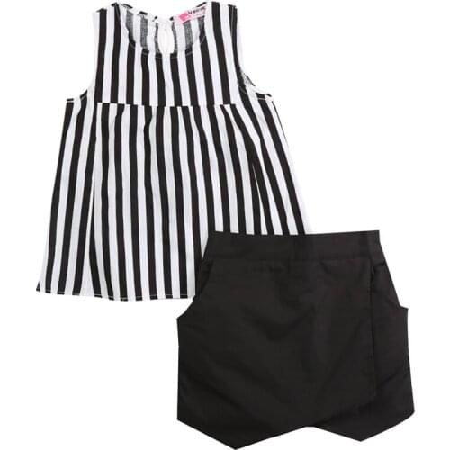 New Fashion Toddler Kids Girls Clothing Sleeveless Striped Tops Shirt Black Shorts Outfits Set 2-7T