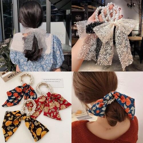 2021 new French retro net red hair ring bow tie pearl head rope female tie hair rubber band ponytail headdress