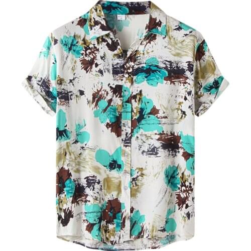 Casual aquarelle painting shirts Mens Summer Hawaiian Short Sleeve Camicias Stand-up Collar Beach blusa Button Up Street Tops