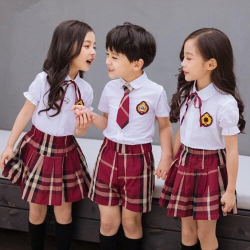 Japenese Students School Uniform For Girls Boys Class Suits Summer Cotton Shirt + Plaid Skirts Kids Clothing Set
