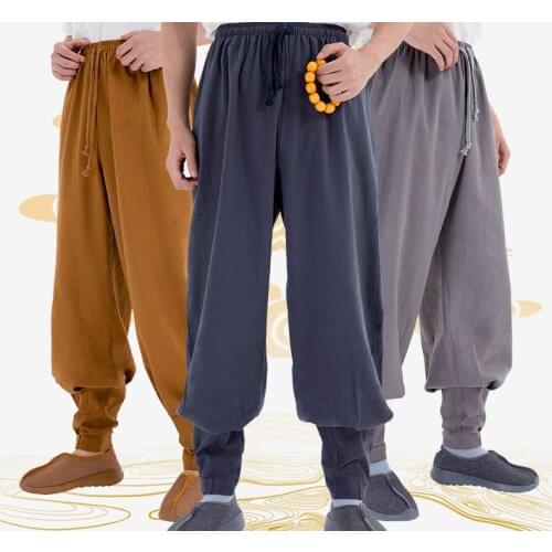 High quality linen&cotton Spring&Autumn buddhist zen pants shaolin monk kung fu bloomers budda lay tai chi martial arts trousers