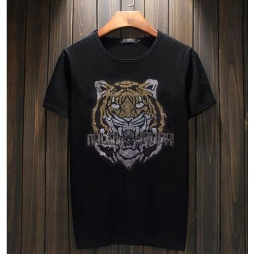 Top Quality Black Korean T-Shirt Exquisite Design Shiny Diamond PatternJoker Comfortable Business Young Mens Clothing