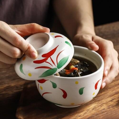 Japanese Art Ceramic Soup Cup with Lid Household Soup Noodle Bowl Steamed Egg Cup Kitchen Supplies Ramen Dessert Bowl Tableware