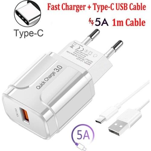 USB Plug Charger For Samsung Galaxy S20 S21 Plus A51 A50 QC3.0 Fast Charger Power Travel Wall Adapter Quick Charge Type C Cable