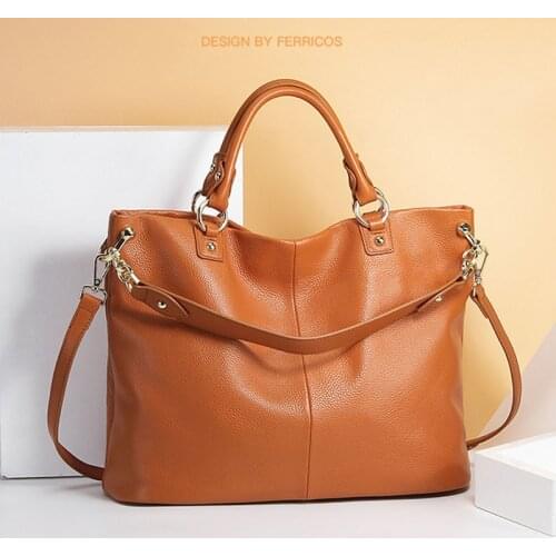 New Top Grade Real Cow Leather Ladys Big Handbag Fashionable Solid Color Genuine Cowhide Leather womens bag Shoulder Tote Bags