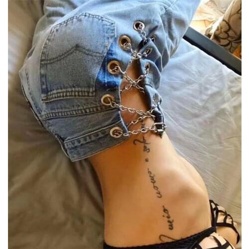 Streetwear Ladies Hollow Metal Chain Jeans High Waist Retro Straight Pant Korean Fashion Pants Harajuku y2k baggy wide leg jeans