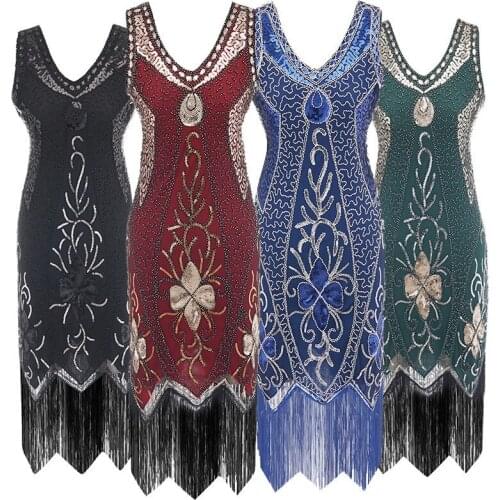 Fashion Dress Sexy Women Party Dress Sleeveless V-Neck Beading Sequine Tassel A-Line Dress Prom Vestido Azul Marino Plus Size