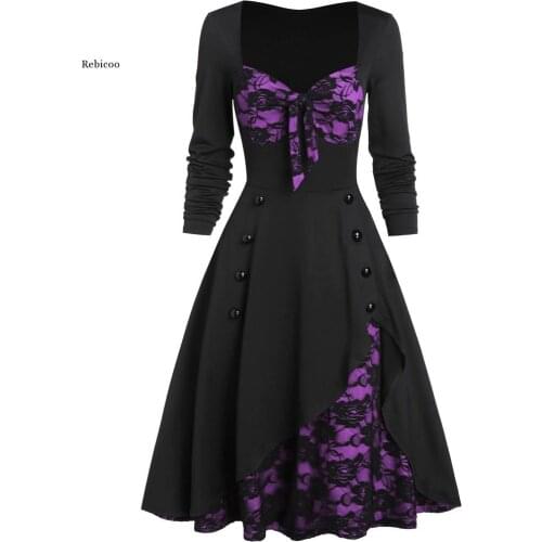 Fashion Women Plus Size Long Sleeved Party Dress Flower Lace Insert Mock Button Bowknot Vintage Dress Vestidos Costumes