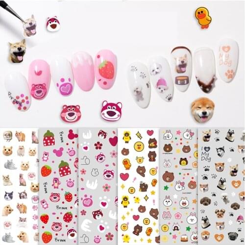 10PCS kitten and puppy nails strawberry bear nail stickers for nail decoration decals manicure slider adhesive stickers