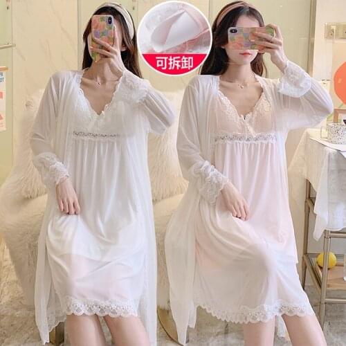 2021 Autumn 2PCS Sexy Lace Lingerie Nightgowns Robes Sets for Women 100% Cotton Bathrobe Sleepwear Nightdress Night Dress Nighty