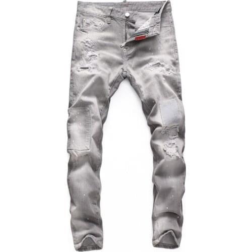 2021 European men dsq2 Stretch jeans Men slim jeans pants mens denim trousers zipper grey hole Pencil Pants jeans for men 8291