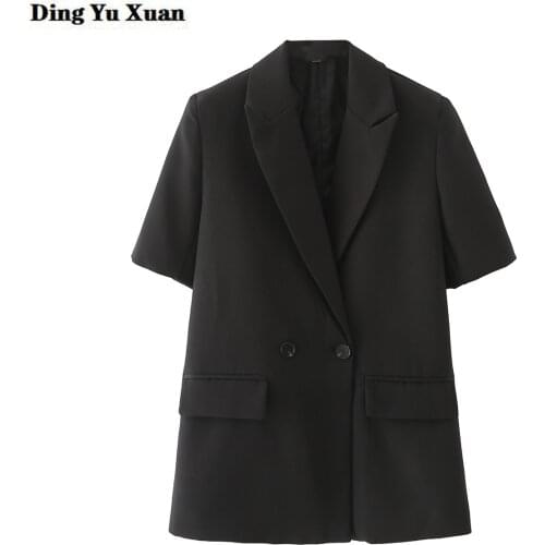 2021 New Summer Short Sleeve Blazers for Women Elegant Double Breasted Notched Suit Jacket Black Khaki Womens Blazers Mujer