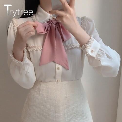 Trytree Spring Autumn Blouse Women Casual Ribbon Tie Turn-down Collar Tassel Single Breasted Puff Sleeve Shirts Office Lady Tops