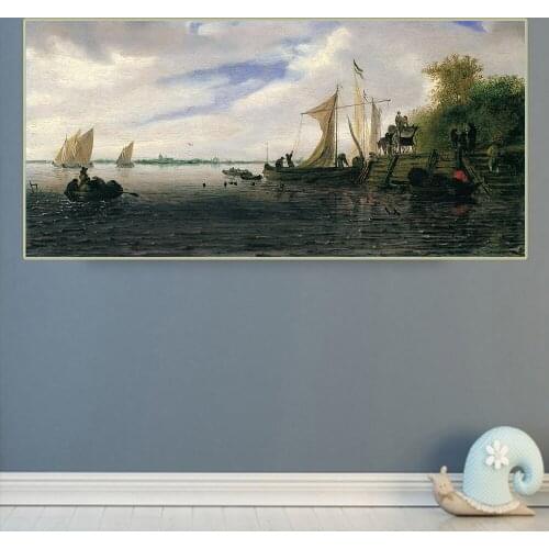 Citon Jacob van Ruisdael《A River Landscape with Figures and a Wagon on a Jetty with Sailing》Canvas Oil Painting Home Decoration