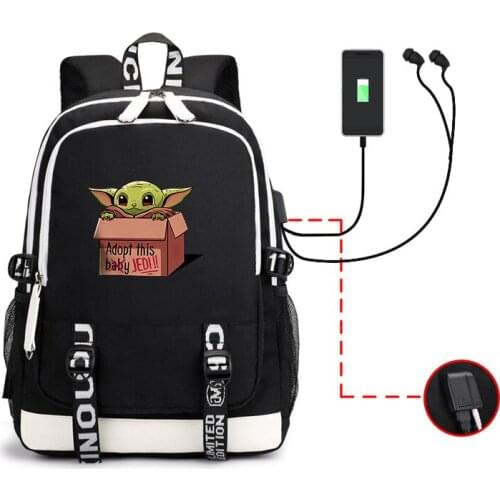 Disney Cartoon Yoda Baby Backpack Schoolbag Student Bookbag Outdoor Computer Laptop Bag Shoulder Bags with USB Charging Port