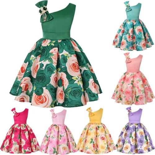 Girls Dresses For Kids Clothes Flower One-shoulder Pageant Birthday Wedding Party Princess Dress Bowknot Middle Small Kids Dress