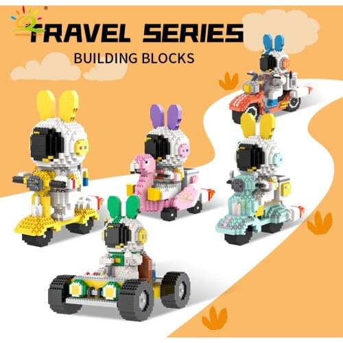 HUIQIBAO Lovely Rabbit Ears Astronaut Space Travel Riding Motorbike Car Micro Model Building Block Mini City Diamond Bricks Toys