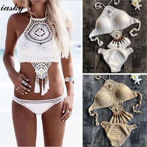 IASKY 2018 summer handmade crochet tassel Bikinis sexy women high neck bikini sets swimsuit bathing suit 6 colors