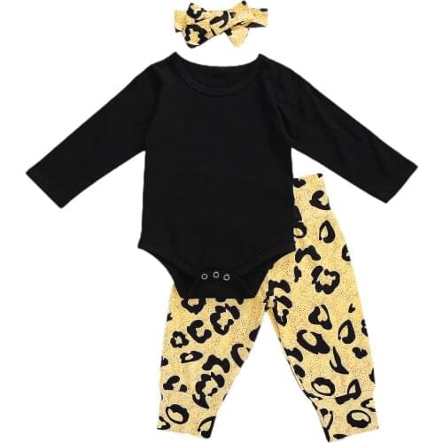 Infant Newborn Baby Girls Boys 3Pcs Set Outfits Long Sleeve Romper Leopard Pants Headband Spring Autumn Clothing
