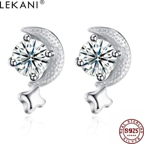 LEKANI Romantic Star And Moon 925 Sterling Silver Stud Earrings For Women Clear Cubic Zirconia Girl Earring Simple Fine Jewelry