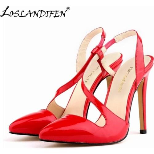 LOSLANDIFEN New Women Pumps Pointed Toe Stiletto High Heels Shoes Sexy Summer Autumn Ladies Red Wedding Leather