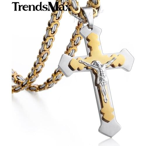 Trendsmax Mens Necklace 2 Layers Cross Jesus Pendant Stainless Steel Byzantine Chain Gold Black Color Necklace For Men KKP487