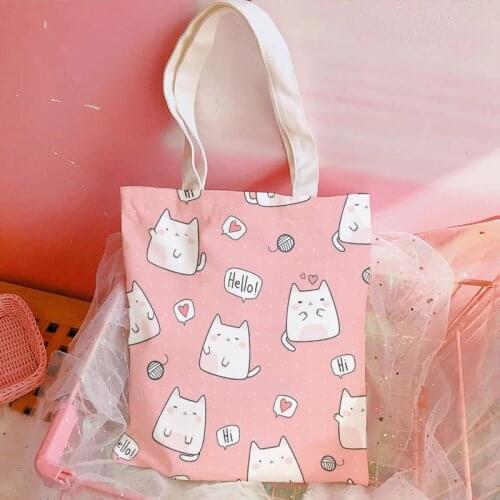 Creative Design Layered Pattern Canvas Bag Cute Pet Animal Girl Handbag Pink Shoulder Bag Travel Bag Home Storage Grocery Bag