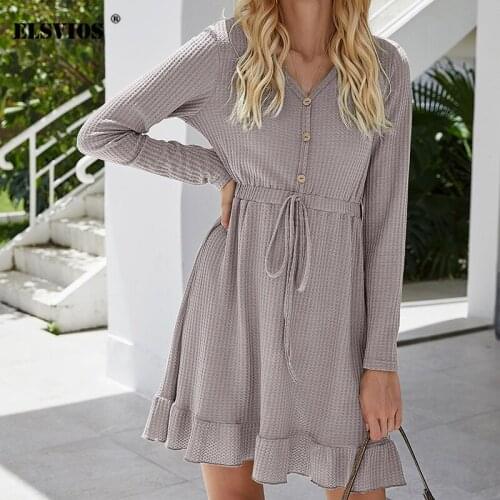 2020 New Autumn Winter Sexy V Neck Long Sleeve Dress Casual Button Ruffle Solid Color Mini Dress Elegant Party Dresses Vestidos