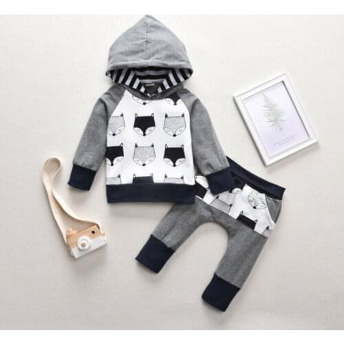 Infant Baby Boy Girls Clothes Cotton Cute Cartoon Animal Print Hooded Autumn Sweatshirt+Long Pants Outfits