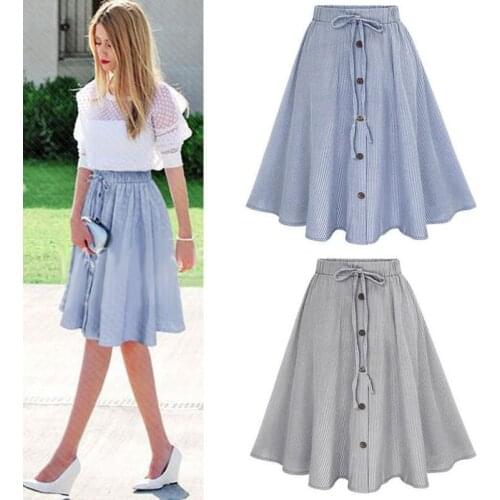 Autumn New Fashion Pinstripe Mid Skirt Casual Women Self Tie Button Striped Skirts Summer Bow Tie A Line High Waist Skirt