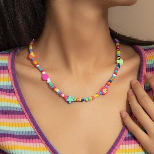 DIEZI Bohemian Multicolor Acrylic Beads Letters Choker Necklace For Women Girls Smile Sweet Heart Star Pendant Necklace Jewelry