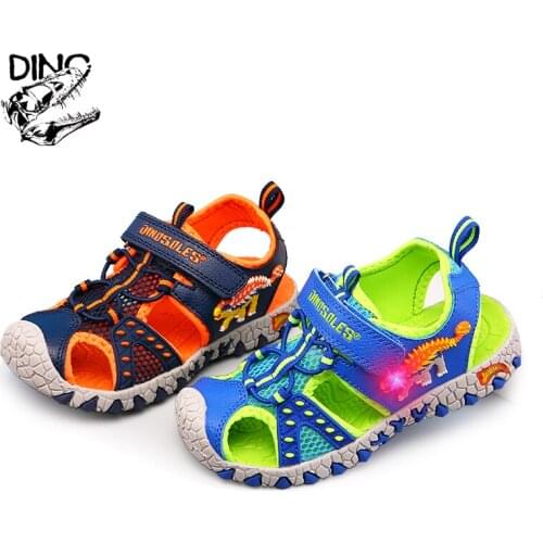 DINO Dinosaur LED Flashing Summer Sandals 4-8Y Boys Children Cut-Outs Closed Toe Fashion Little Kids Beach Spots Shoes Anti-Slip