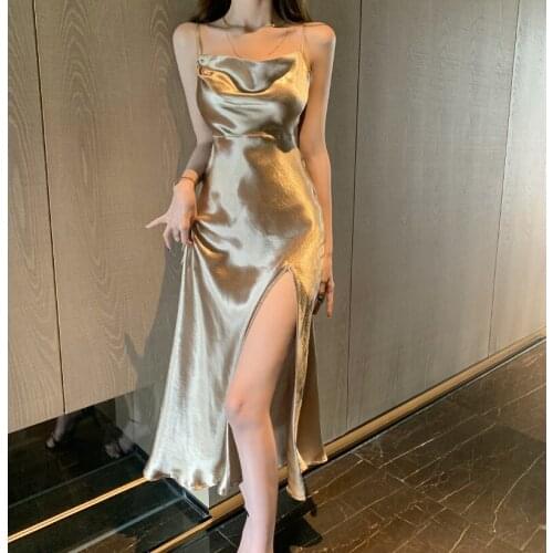 Silk Suspender Dress Women Waist Side Split Satin Dress Club Party Evening Dress French Vintage Sexy Lady Long Dress Summer 2021