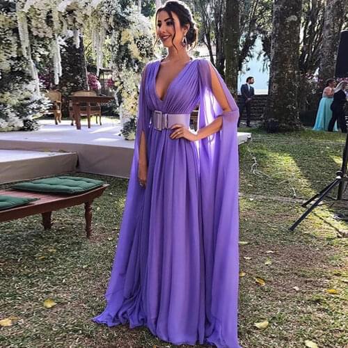 Chiffon Purple Party Gowns A-line V-Neck Sweep/Brush Evening Dresses Floor length Draped Sleeveless Belt Exquisite Party Dresses
