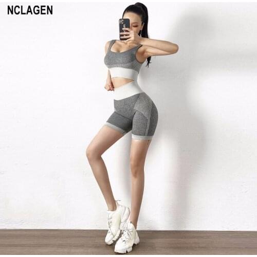 NCLAGEN Seamless Suit Fitness Women Yoga Fitness Shorts Set 2 Piece Gym Running Sports Bra Push-up Elastic Workout Sportwear
