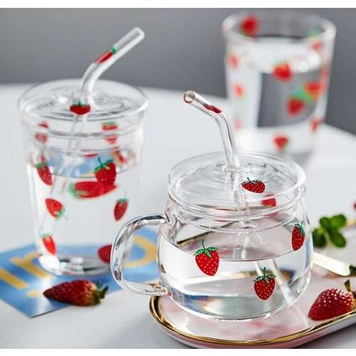 Nordic Strawberry Glass Cup Transparent Milk Cup Juice Water Drinking Cup Home Office Heat Resistant Coffee Mug With Straws Gift