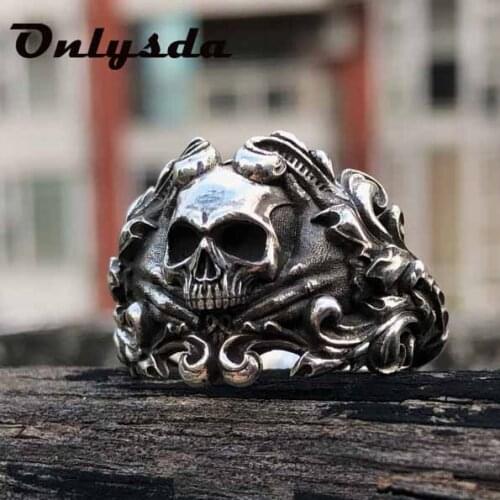 Unique Anel Silver Color 316L Stainless Steel Heavy Sugar Skull Ring Mens Mandala Flower Santa Muerte Biker Jewelry