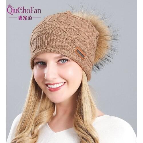 Real Raccoon Fur Pom Poms Knitted Beanie Winter Hat For Women and Men Hat Thick Female Beanie Hat