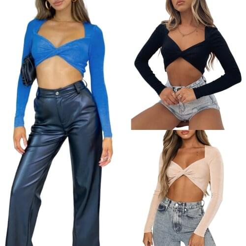 New Womens Chest Front Twist Knot Crop Tops Sexy Long Sleeve V Neck Solid Color Slim Fit Wild T-Shirt Navel Pullover