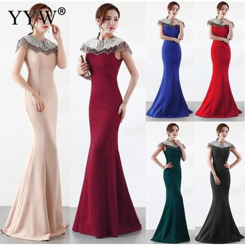 2020 New Long Evening Dress Crystal Pearl Elegant Longue Robe De Soiree Slim Mermaid Party Dress Celebrity Prom Dress For Women