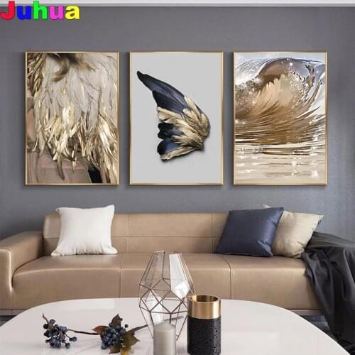 Golden Wings Feathers diy diamond painting full square round drill abstract nordic diamond embroidery stitch mosaic decor
