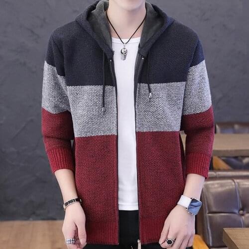Brand Sweater Coat Mens Sweater Male Jacket Thick Warm Hooded Sweaters Knitwear Striped Warm Sweatercoat Cardigans Men Clothing