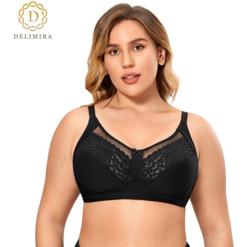 DELIMIRA Womens Full Coverage Floral Lace Wireless Unlined Plus Size Sleep Cotton Bra
