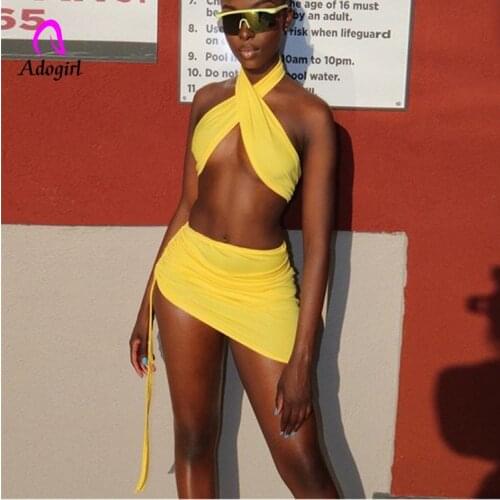 Women Bikini Set Off Shoulder Halter Crop Top + Drawstring Skinny Skirt Matching Set 2021 Summer Sexy Club Party 2 Piece Set