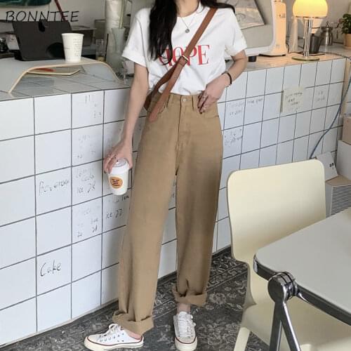 Jeans Women Solid Summer Korean Style Vintage Loose All-match Leisure Full Length Trousers Zipper Fly Classic Teens Popular Chic