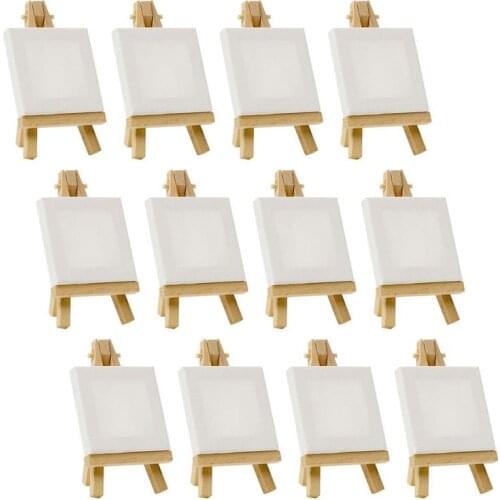 Artists 3 inch x3 inch Mini Canvas & 5 inch Mini Easel Set Painting Craft Drawing - Set Contains: 12 Mini Canvases & 12 Mini Eas